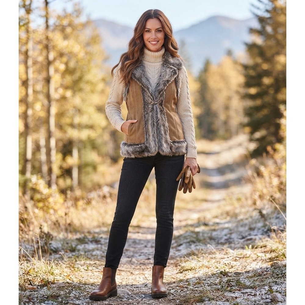 Live A Little Womens Tan Suede Leather Faux Fur Trim Toggle Vest 3067S Large